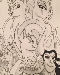 Size: 1080x1346 | Tagged: safe, artist:charlottedrawings_, cozy glow, lightning dust, lord tirek, queen chrysalis, tempest shadow, oc, centaur, changeling, changeling queen, pony, taur, g4, antagonist, female, male, scar, traditional art, villainess