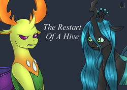 Size: 2039x1446 | Tagged: safe, artist:natt333, queen chrysalis, thorax, changedling, changeling, changeling queen, fanfic:the restart of a hive, g4, angry, antlers, author:shakespearicles, changeling king, chrysarax, cover art, crown, disgusted, duo, eyebrows, eyelashes, eyes open, family, fanfic, fanfic art, fangs, female, fimfiction, frown, furious, gritted teeth, horn, implied inbreeding, implied incest, implied sex, implied shipping, inbreeding, incest, jewelry, king, king and queen, king thorax, logo, looking, looking at each other, looking at someone, male, mother and child, mother and son, nostrils, queen, regalia, royalty, shakespearicles, shipping, signature, simple background, straight, teeth, text, the restart of a hive, wall of tags, wings, xk-class end-of-the-world scenario