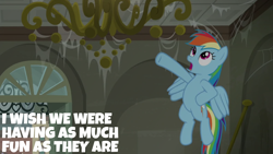 Size: 1920x1080 | Tagged: safe, edit, edited screencap, editor:quoterific, screencap, rainbow dash, pegasus, pony, g4, the saddle row review, disarray, disrepair, female, flying, looking up, mare, open mouth, solo, spider web