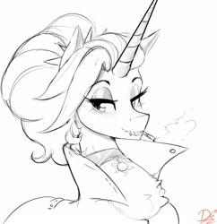 Size: 3000x3100 | Tagged: safe, artist:thelunarmoon, oc, oc only, oc:dyx, alicorn, pony, chest fluff, choker, cigarette, female, grayscale, high res, lidded eyes, mare, monochrome, mouth hold, older, older dyx, simple background, smoking, solo, white background