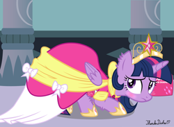 Size: 1680x1230 | Tagged: safe, artist:thunderdasher07, twilight sparkle, alicorn, pony, g4, magical mystery cure, alternate hairstyle, anniversary art, bent over, big crown thingy, blushing, canterlot castle, clothes, coronation dress, crouching, diaper, diaper butt, diaper fetish, diaper package, diaper under clothes, dress, element of magic, female, fetish, hallway, hoof shoes, jewelry, looking back, non-baby in diaper, poofy diaper, regalia, solo, twilight sparkle (alicorn)