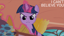 Size: 4400x2475 | Tagged: safe, edit, edited screencap, editor:quoterific, screencap, twilight sparkle, pony, unicorn, g4, secret of my excess, angry, female, flower, glowing, glowing horn, golden oaks library, gritted teeth, horn, implied spike, implied theft, magic, mare, solo, teeth, twilight sparkle is not amused, unamused, unicorn twilight