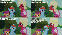 Size: 2000x1125 | Tagged: safe, edit, edited screencap, editor:quoterific, screencap, big macintosh, rainbow dash, scootaloo, earth pony, pegasus, pony, brotherhooves social, g4, apple, apple tree, bloomers, blushing, clothes, crossdressing, disguise, dress, female, filly, foal, frown, grin, lipstick, makeup, male, mare, open mouth, open smile, orchard blossom, smiling, stallion, tongue out, tree, trio, wig