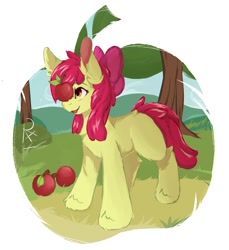 Size: 1172x1279 | Tagged: safe, artist:rain_537, apple bloom, earth pony, pony, g4, adorabloom, apple, apple bloom's bow, balancing, blank flank, bow, cute, female, filly, foal, food, hair bow, happy, open mouth, open smile, simple background, smiling, solo, white background