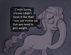 Size: 908x697 | Tagged: safe, anonymous artist, part of a set, sprout cloverleaf, earth pony, pony, series:anorexic sunny, g5, anorexia, digging yourself deeper, facehoof, implied sunny starscout, male, part of a series, solo, stallion, sweat, sweatdrop