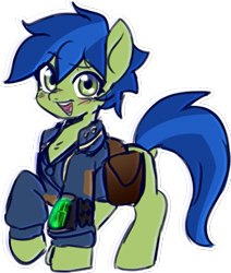 Size: 999x1176 | Tagged: safe, artist:glompxd, oc, oc only, oc:scotch tape, earth pony, pony, fallout equestria, fallout equestria: homelands, fallout equestria: project horizons, bag, doodle, fanart, fanfic art, pipbuck, simple background, solo, stable-tec, transparent background