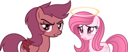 Size: 1468x604 | Tagged: safe, artist:kingbases, artist:muhammad yunus, oc, oc:annisa the good pony, oc:virva, earth pony, pegasus, pony, base used, duo, duo female, female, gritted teeth, looking at you, mare, medibang paint, sad, simple background, teeth, transparent background