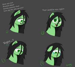 Size: 5280x4753 | Tagged: safe, artist:realgero, oc, oc only, oc:anon-mare, earth pony, pony, crying, dialogue, female, gray background, mare, open mouth, open smile, sad, simple background, smiling, solo, talking to viewer