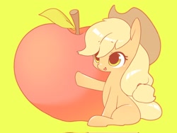 Size: 2048x1536 | Tagged: safe, artist:cheesesauce_45, applejack, earth pony, pony, g4, apple, applejack's hat, cowboy hat, cute, food, giant apple, giant food, hat, jackabetes, missing cutie mark, simple background, solo, yellow background