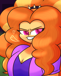 Size: 3800x4740 | Tagged: safe, artist:iceflower99, part of a set, adagio dazzle, human, equestria girls, g4, my little pony equestria girls: rainbow rocks, breasts, busty adagio dazzle, evil smile, eye clipping through hair, grin, heart, missing accessory, pink eyes, simple background, smiling, solo, video at source, video in description