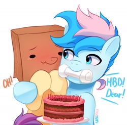 Size: 1749x1731 | Tagged: safe, artist:maren, oc, oc:blue chewings, oc:paper bag, pegasus, pony, birthday, cake, food, mouth hold, simple background, white background