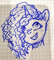 Size: 924x1024 | Tagged: safe, artist:maren, misty brightdawn, pony, unicorn, g5, female, freckles, graph paper, gritted teeth, mare, open mouth, open smile, simple background, sketch, smiling, solo, teeth, traditional art, white background