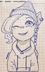 Size: 642x1024 | Tagged: safe, artist:maren, jazz hooves, earth pony, pony, g5, alternate universe, beanie hat, braid, clothes, ear piercing, earring, female, gritted teeth, hoodie, jewelry, mare, one eye closed, piercing, solo, teeth, traditional art, wink