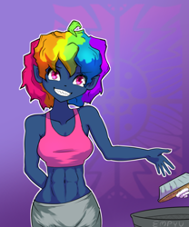 Size: 1000x1200 | Tagged: safe, artist:empyu, rainbow dash, human, equestria girls, g4, secrets and pies, abs, belly button, evil pie hater dash, female, food, pie, solo, trash