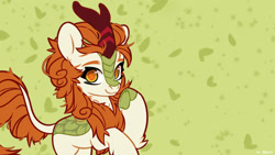 Size: 1920x1080 | Tagged: safe, artist:shelti, edit, autumn blaze, kirin, g4, abstract background, cloven hooves, colored pupils, female, green background, hoof heart, looking at you, pointing at self, signature, simple background, solo, standing, underhoof, wallpaper, wallpaper edit