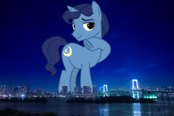 Size: 2048x1367 | Tagged: safe, artist:cheezedoodle96, edit, editor:jaredking779, night light, pony, unicorn, g4, attack on pony, frog (hoof), giant pony, giant unicorn, highrise ponies, irl, japan, looking at you, macro, male, mega giant, photo, ponies in real life, raised hoof, smiling, solo, story included, tokyo, underhoof