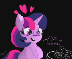 Size: 5800x4800 | Tagged: safe, artist:gean, twilight sparkle, pony, unicorn, g4, black background, daffodil and daisy sandwich, date, ear fluff, emanata, female, food, glasses, heart, heart eyes, nervous, sandwich, shy, simple background, solo, text, watermark, wingding eyes