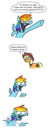 Size: 2672x6090 | Tagged: safe, artist:punkittdev, applejack, rainbow dash, earth pony, pegasus, pony, g4, comic, dialogue, duo, embarrassed, faux pas, female, implied pear butter, mare, my parents are dead, open mouth, pointing, simple background, speech bubble, white background, yo mama