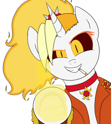 Size: 3142x3500 | Tagged: safe, artist:legendoflink, oc, oc:dyx, alicorn, pony, alicorn oc, clothes, female, high res, horn, looking at you, magic, magic aura, mare, smiling, smoking, solo, thumbs up, wings