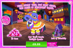 Size: 1960x1300 | Tagged: safe, gameloft, twilight sparkle, alicorn, pony, g4, my little pony: magic princess, advertisement, archway, bush, clothes, costs real money, costume, english, female, gem, introduction card, lunar new year, mare, mobile game, numbers, sale, solo, statue, text, twilight sparkle (alicorn)