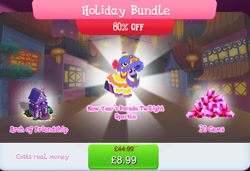 Size: 1257x860 | Tagged: safe, gameloft, twilight sparkle, alicorn, pony, g4, my little pony: magic princess, advertisement, archway, bundle, bush, clothes, costs real money, costume, english, female, gem, lunar new year, mare, mobile game, numbers, sale, solo, statue, text, twilight sparkle (alicorn)