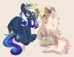 Size: 3218x2480 | Tagged: safe, artist:arisuyukita, oc, oc only, oc:arisu yukita, oc:flaming dune, pegasus, pony, unicorn, blue eyes, blushing, chest fluff, curly mane, cute, duo, duo female, ear fluff, eyeshadow, feather, feather in hair, female, floral head wreath, flower, full body, green eyes, happy, high res, horn, looking at someone, looking up, magic, magic aura, makeup, mare, multicolored mane, multicolored tail, oc x oc, open mouth, open smile, partially open wings, pegasus oc, pink mane, pink tail, raised hoof, shipping, simple background, sitting, smiling, tail, telekinesis, trade, unicorn oc, white background, wings