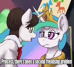 Size: 1486x1338 | Tagged: safe, artist:reddthebat, princess celestia, raven, alicorn, pony, unicorn, g4, 9/11, crown, female, flowing mane, george w. bush, hair bun, jewelry, kindergarten, mare, necktie, not impressed, princess celestia is george bush, reference, regalia, school, secretary, worried