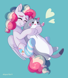 Size: 1765x2000 | Tagged: safe, artist:skysorbett, oc, oc only, oc:sky sorbet, pegasus, pony, cat toy, clothes, eyes closed, female, hug, mare, multicolored hair, pegasus oc, pillow, pillow hug, plushie, simple background, smiling, socks, striped socks, toy