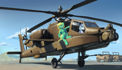 Size: 2910x1692 | Tagged: safe, artist:tucksky, oc, oc:horsewhite, pegasus, pony, ah-64, ah64, airfield, apache, attack helicopter, car, cloud, helicopter, jeep, mountain, sky, smiling, tucksky