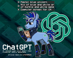 Size: 2944x2315 | Tagged: safe, artist:objectyu, pony, robot, robot pony, unicorn, artificial intelligence, chatgpt, clothes, high res, male, ponified, reddit, rule 85, solo, stallion, text