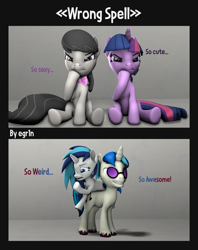 Size: 2099x2651 | Tagged: safe, artist:egr1n, dj pon-3, octavia melody, shining armor, twilight sparkle, vinyl scratch, earth pony, pony, unicorn, g4, 3d, alternate hairstyle, blue eyes, body swap, bowtie, comic, confused, female, female to male, gleaming shield, grin, happy, high res, hoof on chin, lying down, male, male to female, mane swap, nose wrinkle, on back, purple eyes, record scrape, rule 63, simple background, sitting, smiling, source filmmaker, spell gone wrong, sunglasses, text, thinking, transformation, transgender transformation, white background