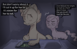 Size: 1102x703 | Tagged: safe, anonymous artist, hitch trailblazer, sprout cloverleaf, earth pony, pony, series:anorexic sunny, g5, anorexia, duo, food, male, pear, stallion