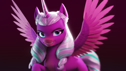 Size: 3840x2160 | Tagged: safe, artist:luminousdazzle, derpibooru exclusive, opaline arcana, alicorn, pony, g5, 3d, 3d model, 4k, blender, evil grin, female, grin, high res, looking at you, mare, raised hoof, render, simple background, smiling, smiling at you, solo, spread wings, wings