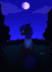 Size: 2500x3500 | Tagged: safe, artist:reddyshes, oc, oc only, changeling, cloud, forest, high res, moon, night, night sky, sky, solo, tree