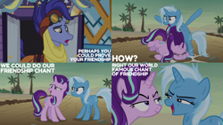 Size: 2000x1125 | Tagged: safe, edit, edited screencap, editor:quoterific, screencap, hoo'far, starlight glimmer, trixie, pony, g4, road to friendship, bipedal, female, hoo'far's wagon, male, mare, stallion, wagon