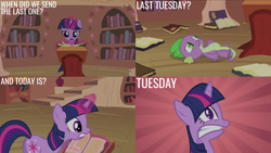 Size: 2000x1125 | Tagged: safe, edit, edited screencap, editor:quoterific, screencap, spike, twilight sparkle, dragon, pony, unicorn, g4, lesson zero, book, female, golden oaks library, lying down, male, mare, on back, unicorn twilight