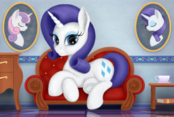 Size: 2677x1800 | Tagged: safe, artist:xodok, rarity, pony, unicorn, series:ponyashnost, g4, bust, couch, indoors, looking at you, portrait, smiling