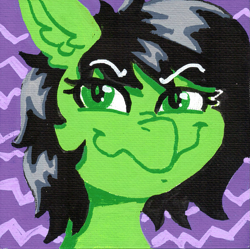 Size: 1175x1172 | Tagged: safe, artist:dandy, oc, oc only, oc:filly anon, earth pony, pony, acrylic painting, bust, ear fluff, earth pony oc, eyebrows, eyebrows visible through hair, female, filly, foal, grin, grinch face, looking at you, nose wrinkle, portrait, smiling, solo, traditional art