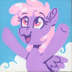 Size: 1175x1188 | Tagged: safe, artist:dandy, rainbowshine, pegasus, pony, g4, :3, acrylic painting, cloud, ear fluff, eyebrows, eyebrows visible through hair, female, hooves in air, looking up, mare, open mouth, open smile, rainbowshining, raised hooves, redraw, sky, sky background, smiling, solo, traditional art