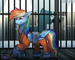 Size: 1280x1024 | Tagged: safe, artist:lavendur_x316, rainbow dash, g4, bound wings, chest fluff, clothes, cuffs, jumpsuit, never doubt rainbowdash69's involvement, prison outfit, prisoner rd, shackles, solo focus, wing cuffs, wings