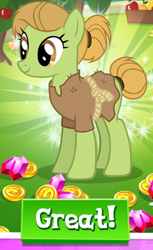 Size: 510x835 | Tagged: safe, gameloft, burr laplander, earth pony, pony, g4, my little pony: magic princess, background character, background pony, burlap, coin, cropped, english, female, gem, hair bun, mare, meme, mobile game, solo, text, wow! glimmer