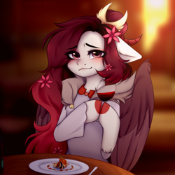 Size: 3000x3000 | Tagged: safe, artist:kutoshi, oc, oc only, oc:layla merriweather, pegasus, pony, alcohol, blushing, food, glass, high res, plate, smiling, wine, wine glass