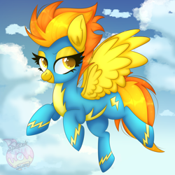 Size: 2000x2000 | Tagged: safe, artist:splashofsweet, spitfire, pegasus, pony, g4, clothes, cloud, cute, cutefire, female, flying, high res, mare, outdoors, sky, solo, spread wings, uniform, watermark, wings, wonderbolts uniform