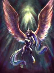 Size: 900x1200 | Tagged: safe, artist:kreativpony, princess celestia, alicorn, pony, g4, belly, epic, flying, solo, wings