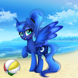 Size: 2000x2000 | Tagged: safe, artist:splashofsweet, princess luna, alicorn, pony, g4, beach, beach ball, cute, ethereal mane, ethereal tail, female, happy, high res, looking at you, lunabetes, mare, ocean, open mouth, open smile, ponytail, sand, smiling, solo, spread wings, tail, water, wings