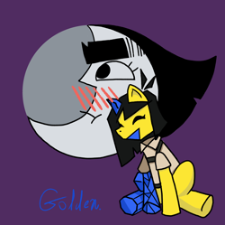 Size: 2402x2389 | Tagged: safe, artist:goldensuculents, earth pony, pony, blue and yellow, blushing, clothes, ena, eyes closed, fanart, high res, joelg, moon, moony, polygonal, ponified