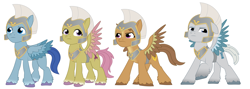 Size: 4200x1500 | Tagged: safe, artist:prixy05, zoom zephyrwing, pegasus, pony, g5, armor, colored wings, female, frown, group, guardsmare, helmet, high res, mare, pegasus royal guard, quartet, raised hoof, royal guard, simple background, spread wings, unnamed character, unnamed pony, white background, wings