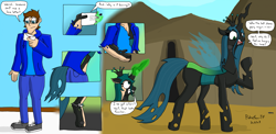 Size: 2751x1339 | Tagged: safe, artist:pokefan-tf, queen chrysalis, changeling, changeling queen, human, g4, burning, clothes, glowing, glowing horn, horn, human to changeling, letter, love letter, male to female, reality shift, rule 63, torn clothes, transformation, transgender transformation