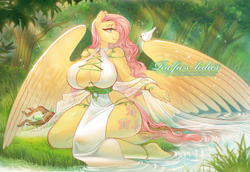 Size: 1887x1300 | Tagged: source needed, safe, artist:rajas_ledies, fluttershy, bird, pegasus, anthro, unguligrade anthro, absolute cleavage, adorasexy, anklet, beautisexy, big breasts, breasts, busty fluttershy, cleavage, clothes, corset, crepuscular rays, cute, druid, eyeshadow, fantasy class, female, forest, forest background, huge breasts, jewelry, kneeling, lidded eyes, looking at something, makeup, nature, pond, sexy, smiling, solo, sparkles, staff, thighs, tunic, underhoof, water, wide hips, wings