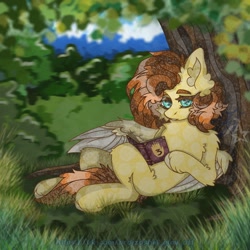 Size: 1800x1800 | Tagged: safe, oc, oc only, oc:yuris, pegasus, pony, book, bush, ears up, female, forest, gravity falls, journal #3, lying down, nature, solo, spread wings, trade, tree, wings
